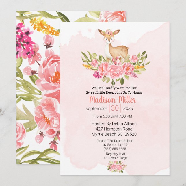 Woodland Deer Floral Pink Kinderdusche Einladung (Vorne/Hinten)