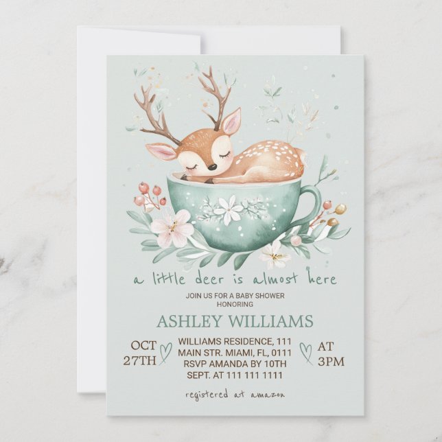 Woodland Deer Floral Teacup Kinderdusche Einladung (Vorderseite)