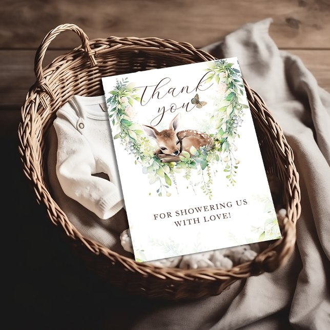 Woodland Deer Forest Greenery Baby Boy Shower Dankeskarte (Von Creator hochgeladen)