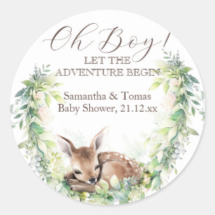 Woodland Deer Forest Greenery Baby Boy Shower Runder Aufkleber