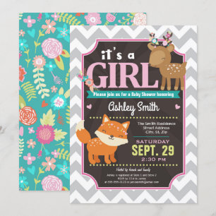 Woodland Deer & Fox Baby shower Invitation Girl