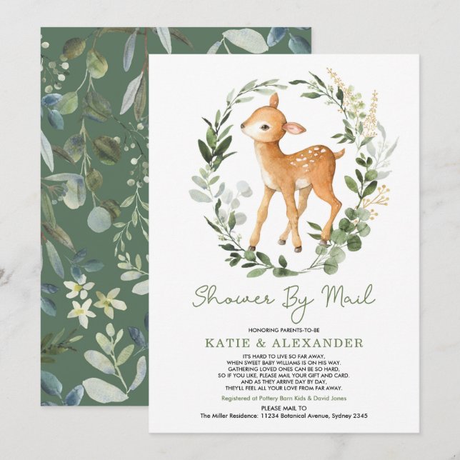Woodland Deer Green Gold Baby Dusche per Mail Einladung (Vorne/Hinten)