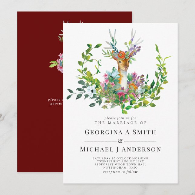 Woodland Deer Illustriert Burgundy Wedding Einladung (Vorne/Hinten)