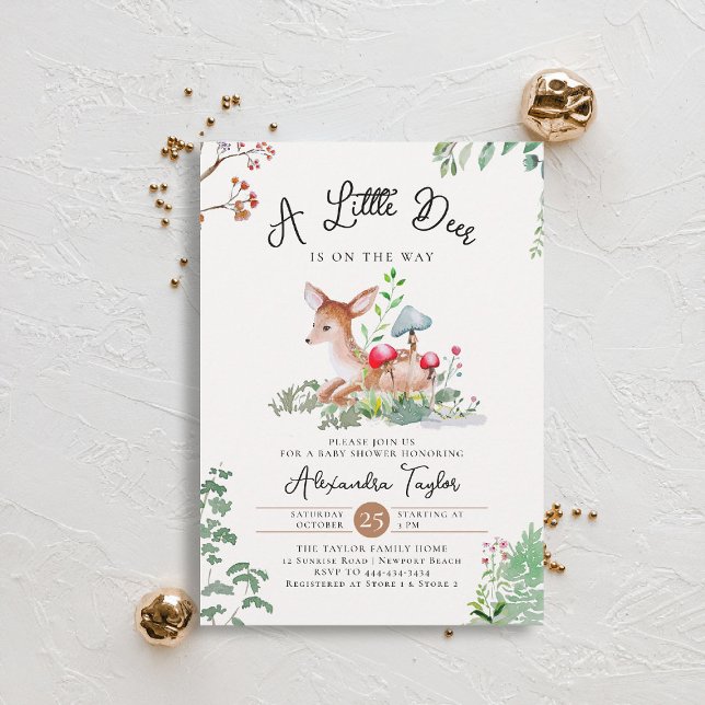 Woodland Deer Mushrooms Grüne Magic Baby Dusche Einladung (woodland baby shower invitation enchanted woods forest little deer wildflowers earthy magic)