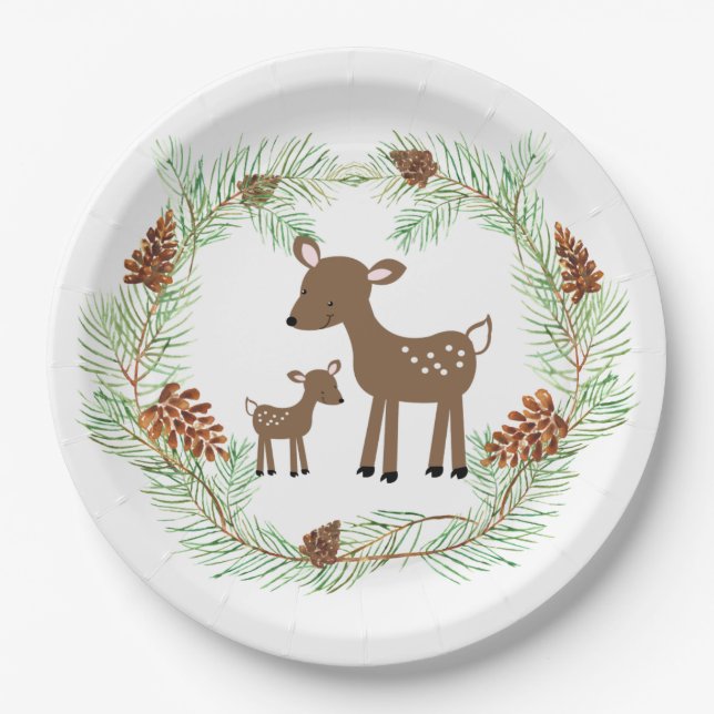 Woodland Deer Pine Cone Baby Dusche Pappteller (Vorderseite)