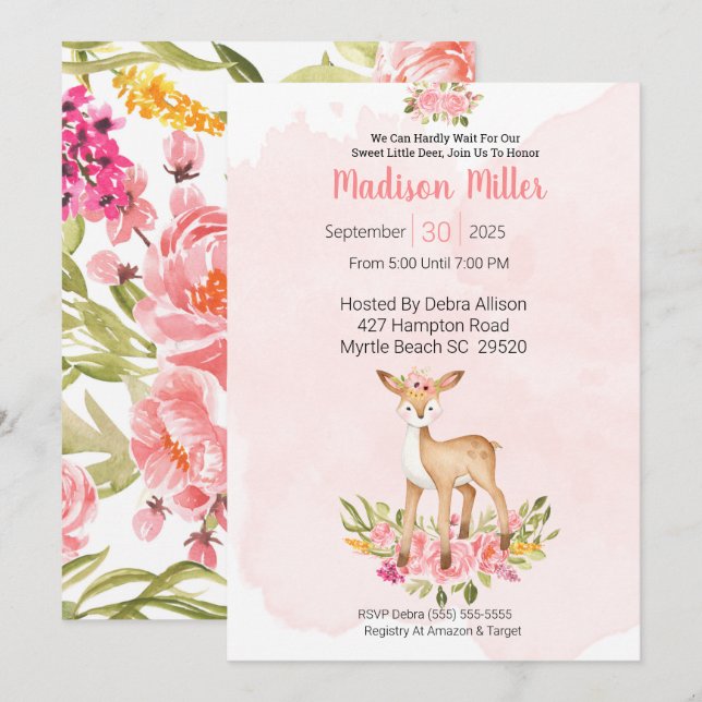 Woodland Deer Pink Floral Baby Dusche Einladung (Vorne/Hinten)