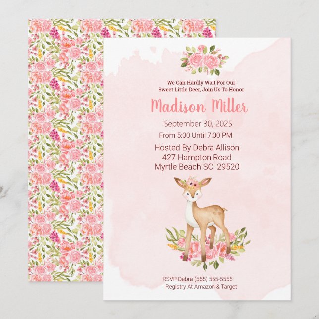 Woodland Deer Pink Floral Baby Dusche Invitati Einladung (Vorne/Hinten)