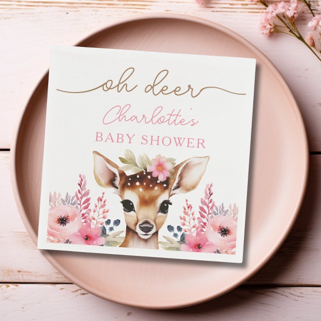 Woodland Deer Pink Floral Girl Baby Dusche Custom Serviette (Woodland Deer Pink Floral Girl Baby Shower Custom Napkins)