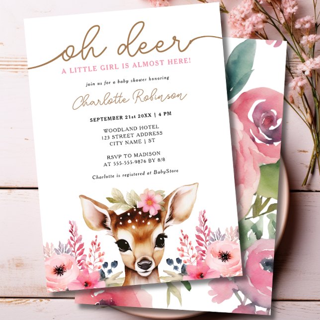 Woodland Deer Pink Gold Floral Girl Babydusche Einladung (Woodland Deer Pink Gold Floral Girl Baby Shower Invitation)