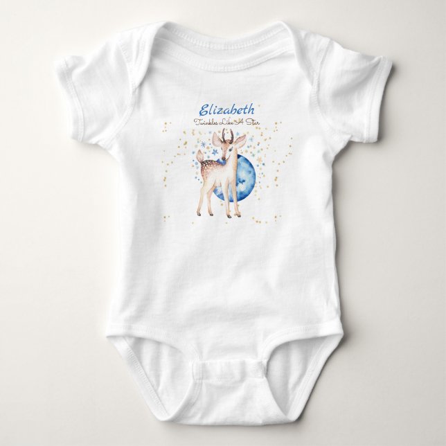 Woodland Deer Twinkle Stars Baby NAME Geschenk Blu Baby Strampler (Vorderseite)