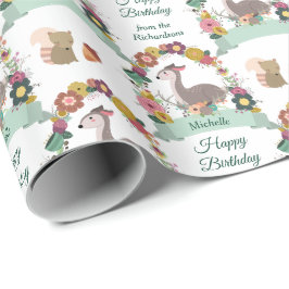 Woodland Deer Wreath Happy Birthday Geschenkpapier