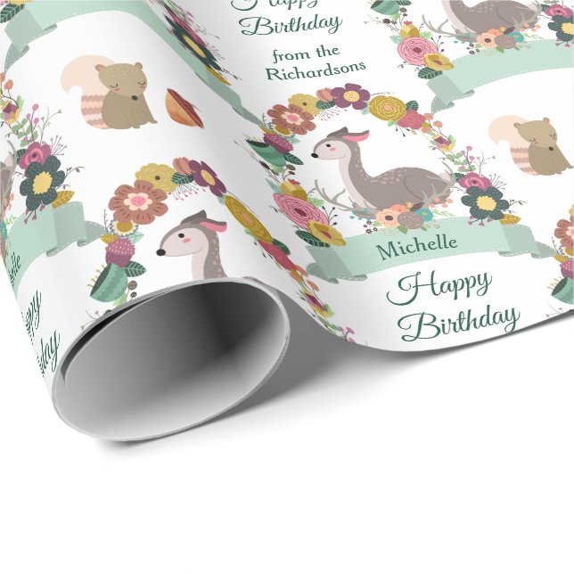 Woodland Deer Wreath Happy Birthday Geschenkpapier (Rolleneckpunkt)