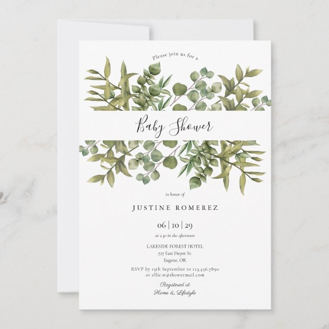 Woodland Eucalyptus Greenery Baby Shower Einladung (Vorderseite)