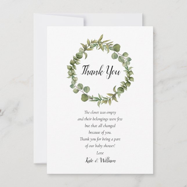 Woodland Eucalyptus Greenery Baby Shower Gedicht Dankeskarte (Vorderseite)