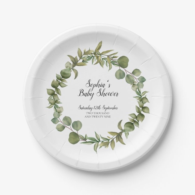 Woodland Eucalyptus Greenery Baby Shower Pappteller (Vorderseite)