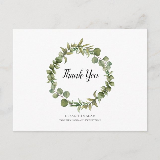 Woodland Eukalyptus Greenerity Wedding Vielen Dank Postkarte (Vorderseite)