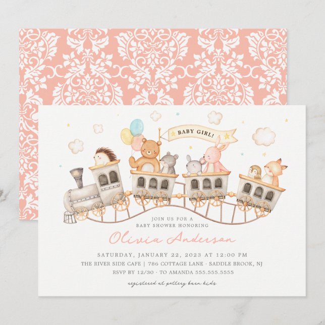 Woodland Express Babydusche Einladung (Vorne/Hinten)