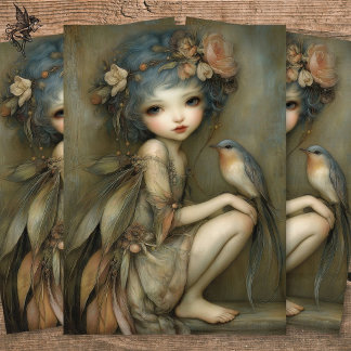 Woodland Fairy and Wren Portrait Decoupage Art  Seidenpapier