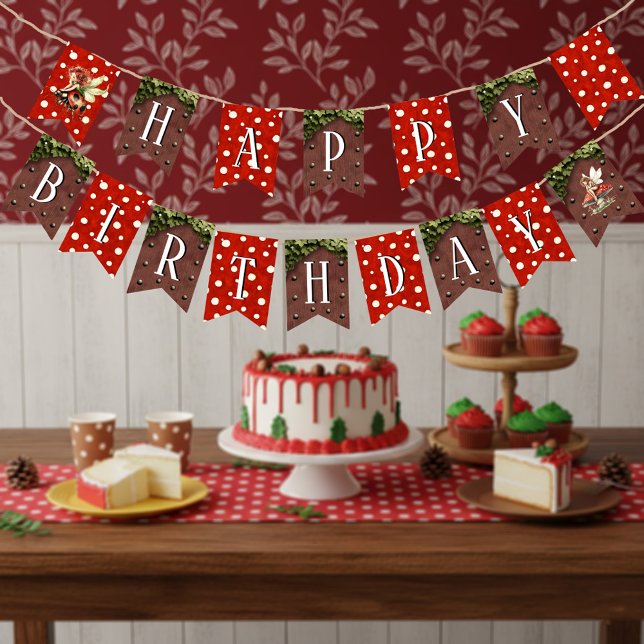 Woodland Fairy Mushroom Polka Dot Happy Birthday Wimpelkette (Red and White Polka Dot Whimsical Fairy Ladybug Happy Birthday Bunting Banner)