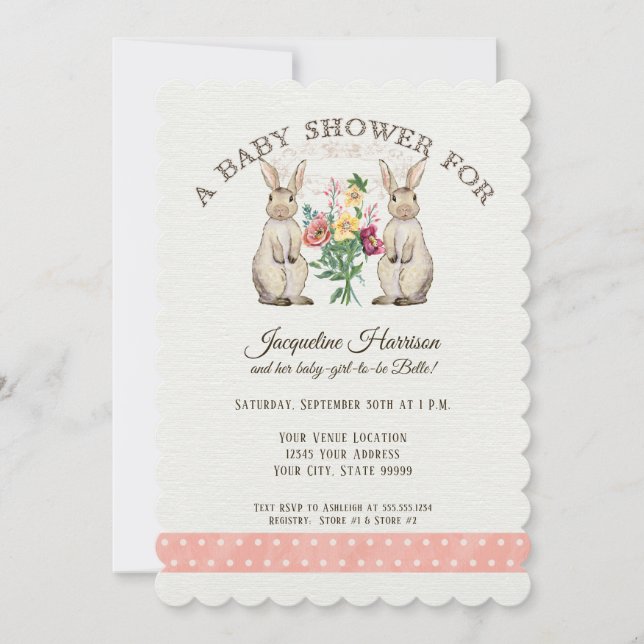 Woodland Fairy Tale Rabbits Girl Baby Dusche Kunst Einladung (Vorderseite)