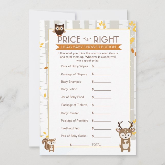 Woodland Fall / Winter Baby Dusche Preis Spiel (Vorderseite)