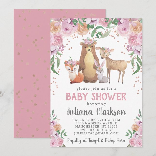 Woodland Floral Baby Dusche Einladung (Vorne/Hinten)