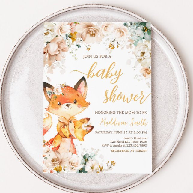 Woodland Floral Fox Babydusche Einladung (Fox Baby Shower Invitation)