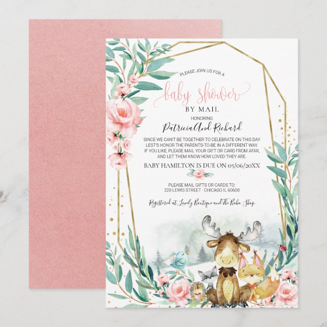 Woodland Floral Greenerity Kinderdusche per Mail Einladung (Vorne/Hinten)