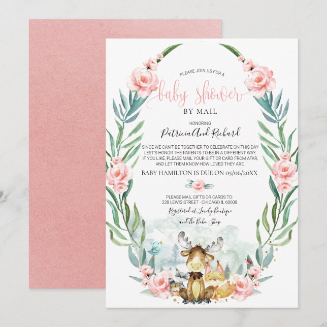 Woodland Floral Greenerity Kinderdusche per Mail Einladung (Vorne/Hinten)