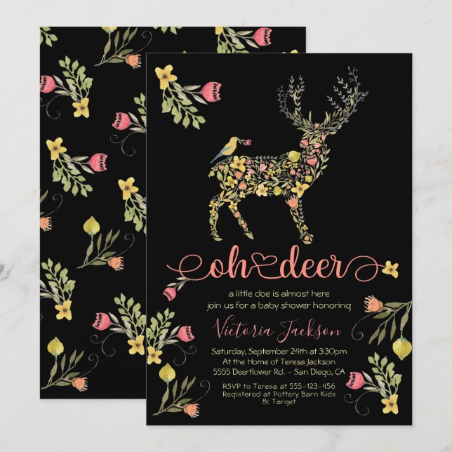Woodland Floral Oh Deer Baby Dusche Einladung (Vorne/Hinten)