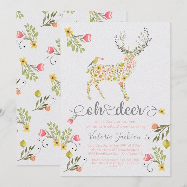 Woodland Floral Oh Deer Baby Dusche Einladung (Vorne/Hinten)