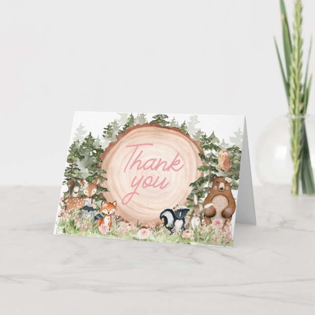 Woodland Floral Wood Slice Baby Dusche Dankeskarte (Vorderseite)