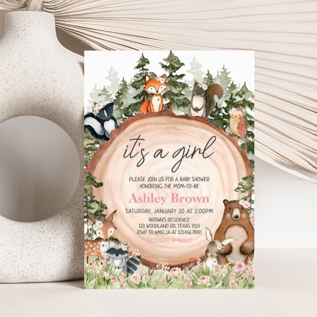 Woodland Floral Wood Slice Baby Dusche Einladung (Floral Woodland Animals Baby Shower Invitation)