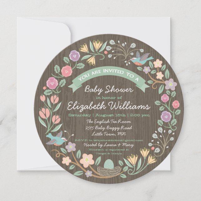 Woodland Floral Wreath Baby Shower Einladung II (Vorderseite)