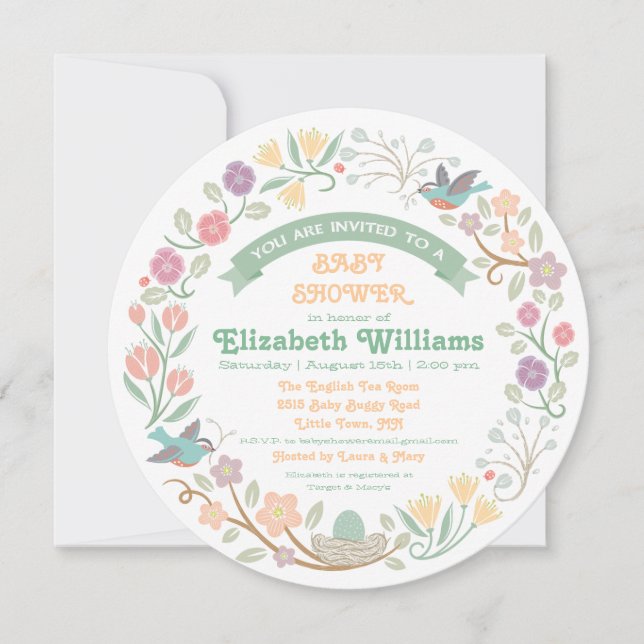 Woodland Floral Wreath Babydusche Einladung (Vorderseite)