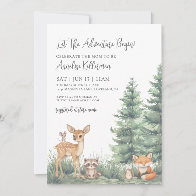 Woodland Forest Animals Adventure Baby Shower Einladung (Vorderseite)