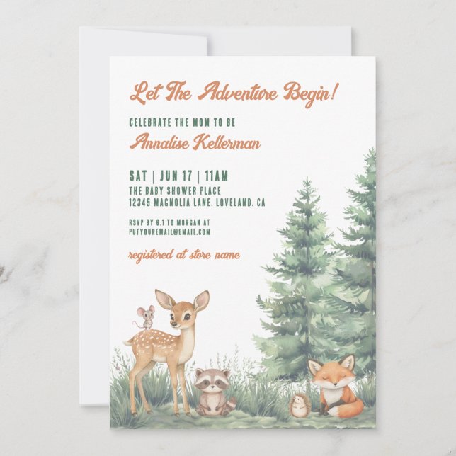 Woodland Forest Animals Adventure Baby Shower Einladung (Vorderseite)