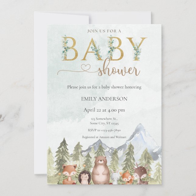 Woodland Forest Animals Baby Shower Einladung (Vorderseite)