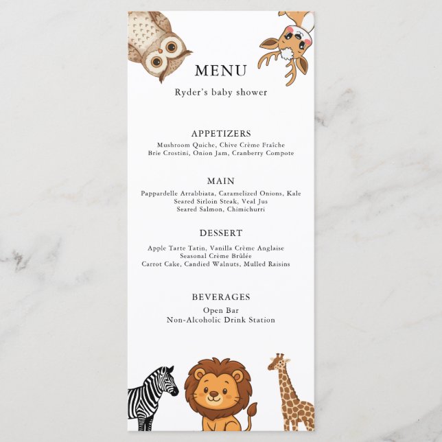 Woodland Forest Animals Baby Shower Menükarte (Vorderseite)