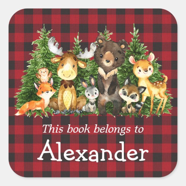 Woodland Forest Animaux Plaid Bookplate Étiquette (Devant)