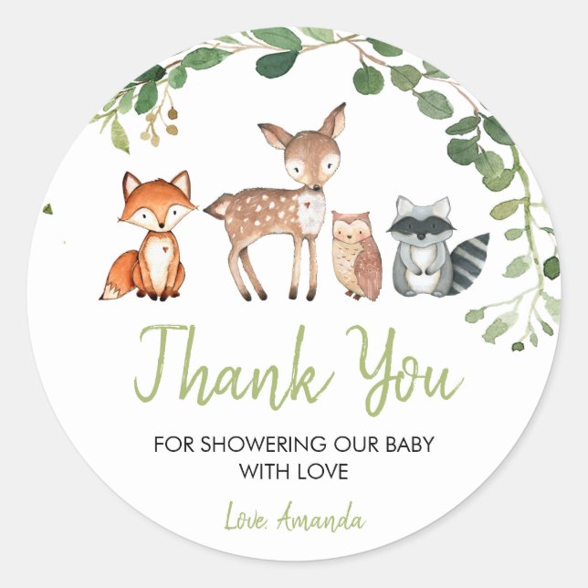 Woodland Forest Baby Dusche Vielen Dank Runder Aufkleber (Vorderseite)