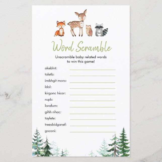 Woodland Forest Baby Dusche Word Scramble Game (Vorderseite)