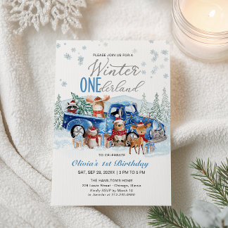 Woodland Forest Blue Truck ONEderland 1st Birthday Einladung