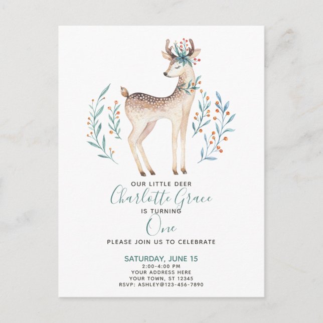 Woodland Forest Deer Baby's First 1st Birthday Einladungspostkarte (Vorderseite)