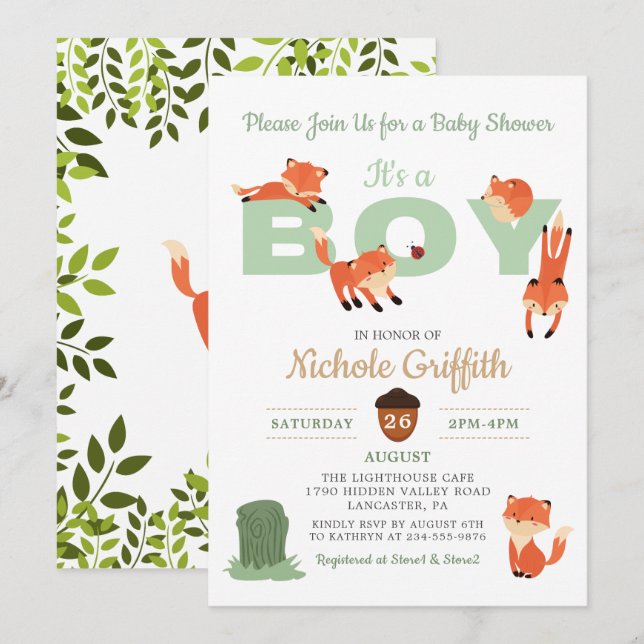 Woodland Forest Fox Baby Dusche Einladung (Vorne/Hinten)