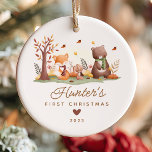 Woodland Foto Baby's First Christmas Keramik Ornament<br><div class="desc">Der erste Weihnachtsschmuck dieses niedlichen Babys beherbergt Waldtiere wie Fuchs, Hasen, Eule und Bär. Das Ornament kann leicht mit dem Namen, dem Datum und dem Foto des Babys personalisiert werden. Das Design ist einfach und skurril, die Waldtiere sind um einen Baumstamm angeordnet. Das Ornament ist perfekt, um das erste Weihnachtsfest...</div>