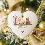 Woodland Foto Baby's First Christmas Keramik Ornament<br><div class="desc">Der erste Weihnachtsschmuck dieses niedlichen Babys beherbergt Waldtiere wie Fuchs, Hasen, Eule und Bär. Das Ornament kann leicht mit dem Namen, dem Datum und dem Foto des Babys personalisiert werden. Das Design ist einfach und skurril, die Waldtiere sind um einen Baumstamm angeordnet. Das Ornament ist perfekt, um das erste Weihnachtsfest...</div>