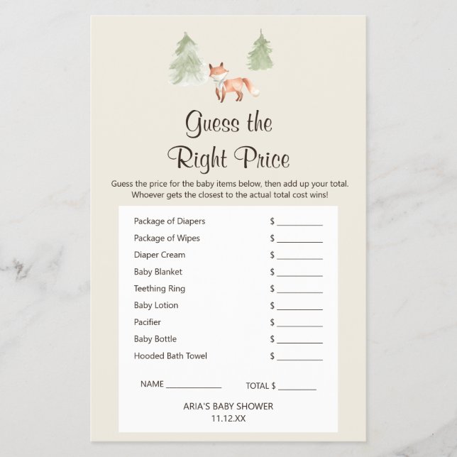 Woodland Fox Baby Shower GuessThe Right Price Game Flyer (Vorne)