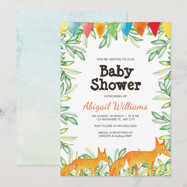 Woodland Fox Babydusche Einladung (Vorne/Hinten)