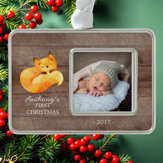 Woodland Fox Baby's 1. Weihnachts-Foto Ornament Rahmen-Ornament Silber (Von Creator hochgeladen)